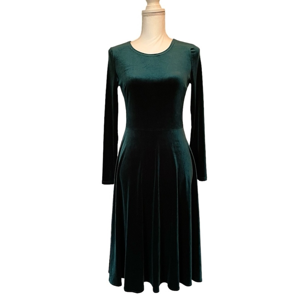 Enme Emerald Green Stretch Velvet Fit and Flare Long Sleeve Dress Women’s Small - Picture 7 of 14